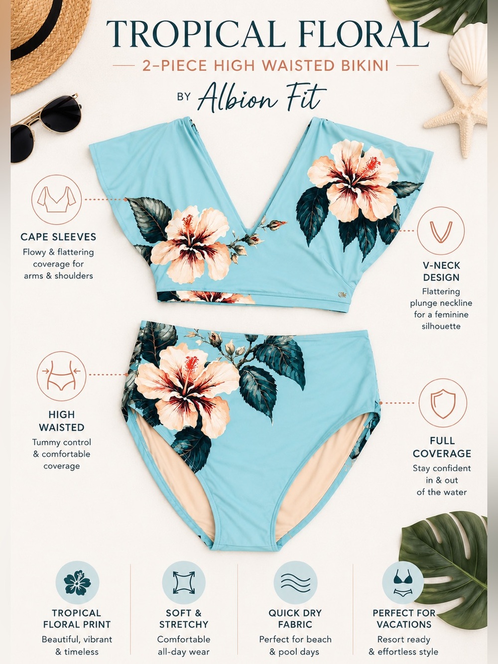 Albion Fit Cape Sleeved, High Waisted Two-Piece Swimsuit Set